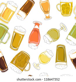 Hand drawn pattern with beer pints and glasses isolated on white