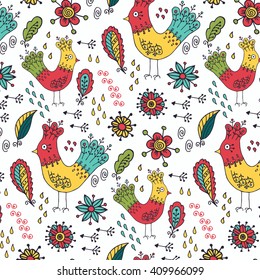 Hand drawn pattern birds and flowers. Childish wallpaper.