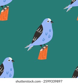 Hand drawn pattern with birds on the stumps. Seamless texture blue birds. Cute nature illustration background.