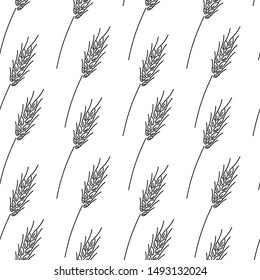 Hand drawn pattern with black ears of wheat on white background . Vector illustration. Fabric, fabric, surface design.