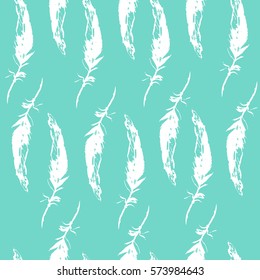 Hand drawn pattern with blue feather on blue background. Hand drawn collection, Vector stock illustration. 