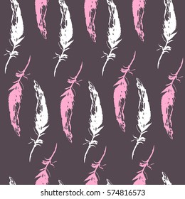 Hand drawn pattern with blue feather on dark background. Hand drawn collection, pink print, Vector stock illustration. 