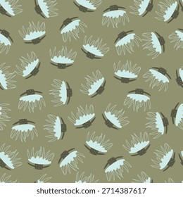 Hand drawn pattern with blue flowers and  leaves . Seamless pattern with flowers  on green background.