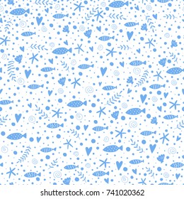 Hand drawn pattern with blue marine elements