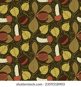 Hand drawn pattern with boletus and chestnut leaves on dark background. Vector flat isolated autumn leaves, chestnuts and wild mushrooms. Outline botany design for textile, decoration, wrapping