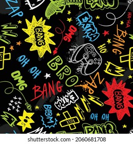 hand drawn pattern for boys. Slogans, graffiti background. For children's textiles, wrapping paper, prints
