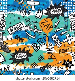 hand drawn pattern for boys. Slogans, graffiti background. For children's textiles, wrapping paper, prints
