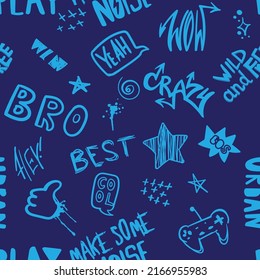 hand drawn pattern for boys. Slogans, graffiti background. For children's textiles, wrapping paper, prints
