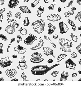 Hand drawn pattern with breakfast and morning elements. Vector breakfast food, meal and drinks. Eggs, bacon, coffee, sweets, fruits and vegetables.