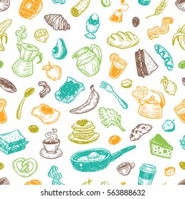 Hand drawn pattern with breakfast and morning elements. Vector breakfast food, meal and drinks. Eggs, bacon, coffee, sweets, fruits and vegetables.