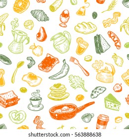 Hand drawn pattern with breakfast and morning elements. Vector breakfast food, meal and drinks. Eggs, bacon, coffee, sweets, fruits and vegetables.