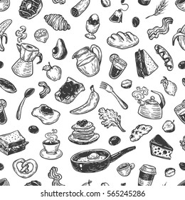 Hand drawn pattern with breakfast and morning elements. Vector breakfast food, meal and drinks. Eggs, bacon, coffee, sweets, fruits and vegetables.