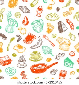 Hand drawn pattern with breakfast and morning elements. Vector breakfast food, meal and drinks. Eggs, bacon, coffee, sweets, fruits and vegetables.