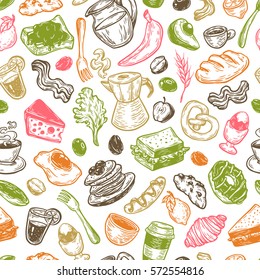 Hand drawn pattern with breakfast and morning elements. Vector breakfast food, meal and drinks. Eggs, bacon, coffee, sweets, fruits and vegetables.