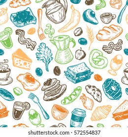 Hand drawn pattern with breakfast and morning elements. Vector breakfast food, meal and drinks. Eggs, bacon, coffee, sweets, fruits and vegetables.