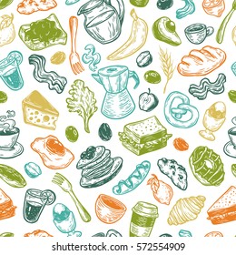 Hand drawn pattern with breakfast and morning elements. Vector breakfast food, meal and drinks. Eggs, bacon, coffee, sweets, fruits and vegetables.