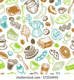 Hand drawn pattern with breakfast and morning elements. Vector breakfast food, meal and drinks. Eggs, bacon, coffee, sweets, fruits and vegetables.