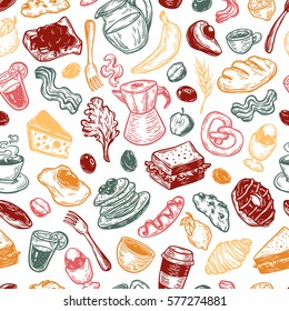 Hand drawn pattern with breakfast and morning elements. Vector breakfast food, meal and drinks. Eggs, bacon, coffee, sweets, fruits and vegetables.
