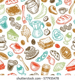 Hand drawn pattern with breakfast and morning elements. Vector breakfast food, meal and drinks. Eggs, bacon, coffee, sweets, fruits and vegetables.