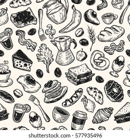 Hand drawn pattern with breakfast and morning elements. Vector breakfast food, meal and drinks. Eggs, bacon, coffee, sweets, fruits and vegetables.