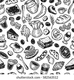 Hand drawn pattern with breakfast and morning elements. Vector breakfast food, meal and drinks. Eggs, bacon, coffee, sweets, fruits and vegetables.