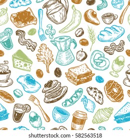 Hand drawn pattern with breakfast and morning elements. Vector breakfast food, meal and drinks. Eggs, bacon, coffee, sweets, fruits and vegetables.