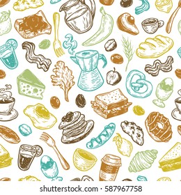 Hand drawn pattern with breakfast and morning elements. Vector breakfast food, meal and drinks. Eggs, bacon, coffee, sweets, fruits and vegetables.