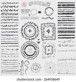 Hand drawn pattern brushes,wreath, line border,burst .Doodle decor,artistic stroke brushes,point texture,drop .For design template, invitations, holiday,  wedding,baby design.Sketched Vector