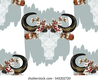 Hand drawn pattern with bull skull, feathers, berries and cotton. Native American Indian talisman. Hipster illustration on dark background. Boho design, t-shirt print, tattoo art, coloring book.