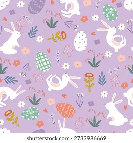 Hand drawn pattern with bunny, eggs, different flowers and hearts, seamless pattern. Vector Easter illustration with cute animals and plants.