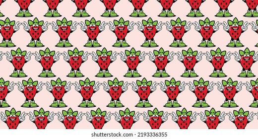 Hand drawn pattern with cartoon character of strawberry fruit suitable for wall decoration and screen printing