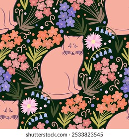 Gato padrão desenhado à mão entre flores. Ilustração vetorial.