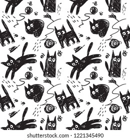 
hand drawn pattern with cats. Monochrome seamless pattern. Funny black cat. For print, clothes, t shirt, textile or wrapping  paper. Creative  original design 