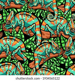 Hand drawn pattern with chameleon. Seamless jungle pattern. Pattern for creative t shirt, textile, favric, wrapping paper and more