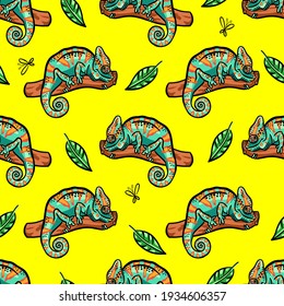 Hand drawn pattern with chameleon. Seamless jungle pattern. Pattern for creative t shirt, textile, favric, wrapping paper and more