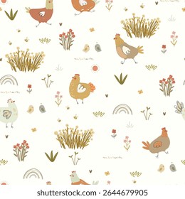 Hand drawn pattern with chicken, small chiks, rainbows and hearts, seamless pattern. Vector illustration with cute farm animals and plants	
