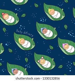 Hand drawn pattern with children in leaves.