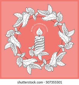 Hand drawn  pattern with Christmas candle and holly wreath. Vector  illustration in  zentangle style for  greeting card, poster.