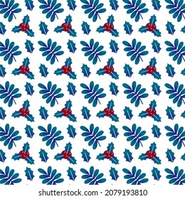 Hand drawn pattern of Christmas leaves with watercolor