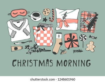 Hand drawn pattern with Christmas Morning objects.Vector Celebration Illustration. Creative artwork. Cozy Winter set of decoration. Doodle Holidays background and quote