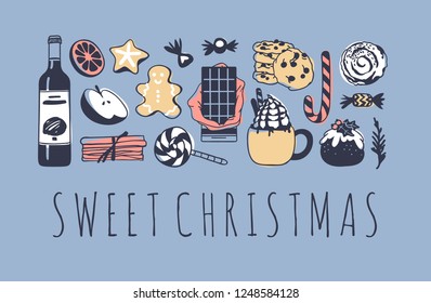 Hand drawn pattern with Christmas objects.Vector Celebration Illustration. Creative artwork. Cozy Winter set of decoration. Doodle Holidays background with sweets