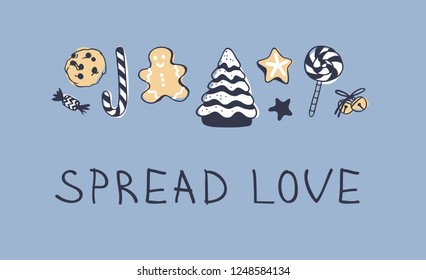 Hand drawn pattern with Christmas objects.Vector Celebration Illustration. Creative artwork. Cozy Winter set of decoration. Doodle Holidays background with sweets