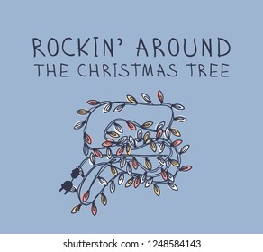 Hand drawn pattern with Christmas objects.Vector Celebration Illustration. Creative artwork. Cozy Winter set of decoration. Doodle Holidays background with LED garland and text