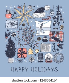 Hand drawn pattern with Christmas objects.Vector Celebration Illustration. Creative artwork. Cozy Winter set of decoration for Home. Doodle Holidays background