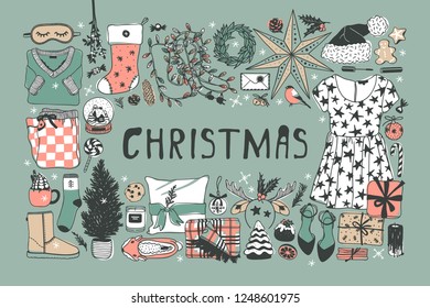 Hand drawn pattern with Christmas objects.Vector Celebration Illustration. Creative artwork. Cozy Winter set of decoration. Doodle Holidays background. 