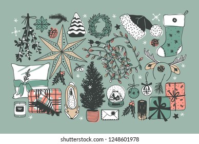 Hand drawn pattern with Christmas objects.Vector Celebration Illustration. Creative artwork. Cozy Winter set of decoration for Home. Doodle Holidays background