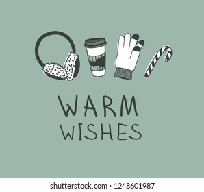 Hand drawn pattern with Christmas objects.Vector Celebration Illustration. Creative artwork. Cozy Winter set of decoration. Doodle Holidays background. 
