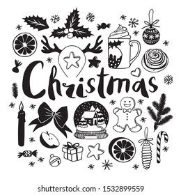Hand drawn pattern with Christmas objects.Vector Celebration Illustration. Creative artwork. Cozy Winter set of decoration. Doodle Holidays background. 
