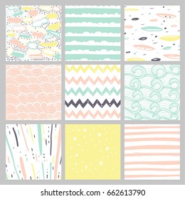 Hand drawn pattern collection. Set of 9 simple textures for backround, fabric, scrupbook, baby shower or other types of design.