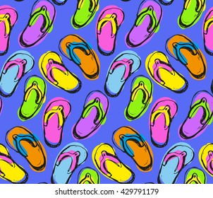 Hand drawn pattern. Color beach sneakers vector pattern. Pattern beach sneakers background. Vector illustration.
